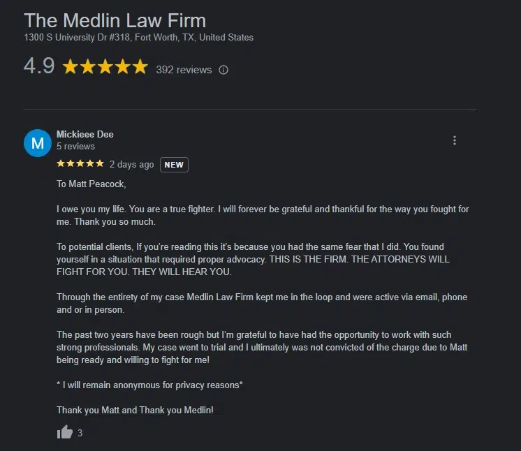 Reseña de clienta para Abogado Matt Peacock
